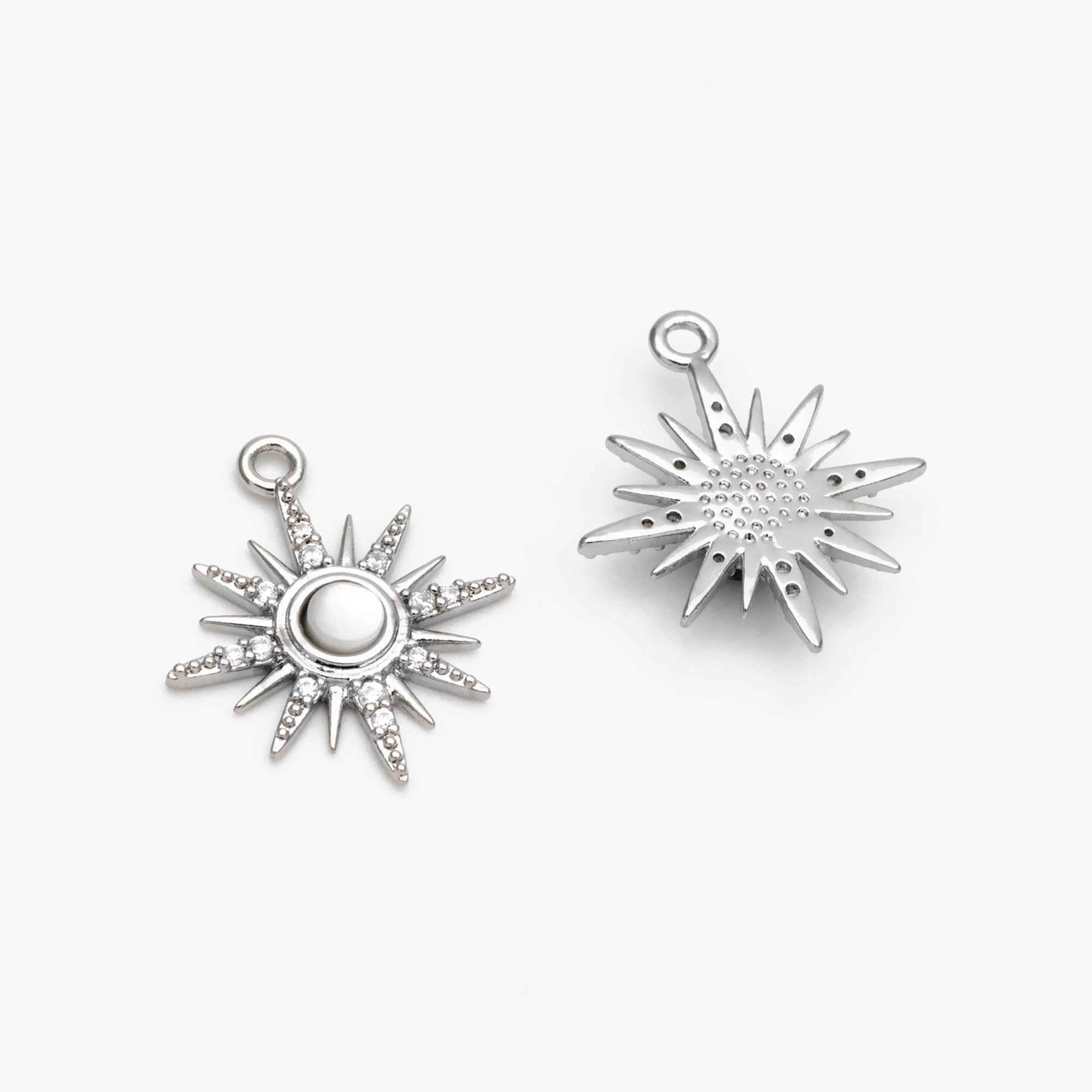 10pcs Shell Pave Gold/ Silver Sun Charms 17x15mm, 18K Gold/ Rhodium plated Brass Dainty North Star Pendants (GB-924-K)